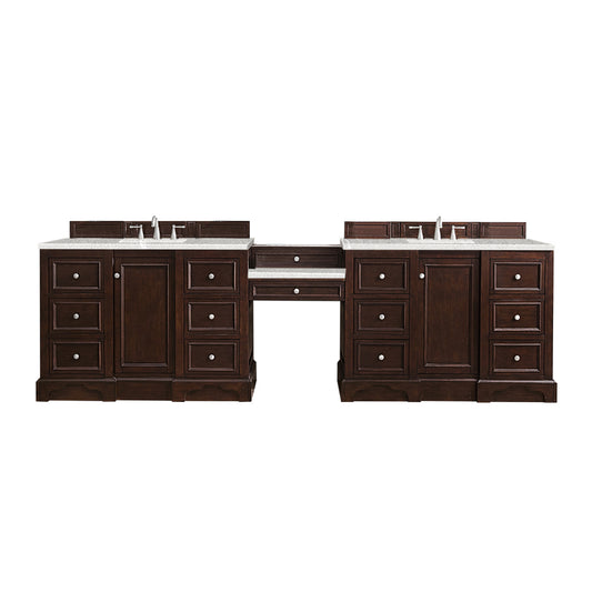 De Soto 118" Double Vanity Set, Burnished Mahogany w/ Makeup Table, 3 CM Eternal Serena Quartz Top James Martin