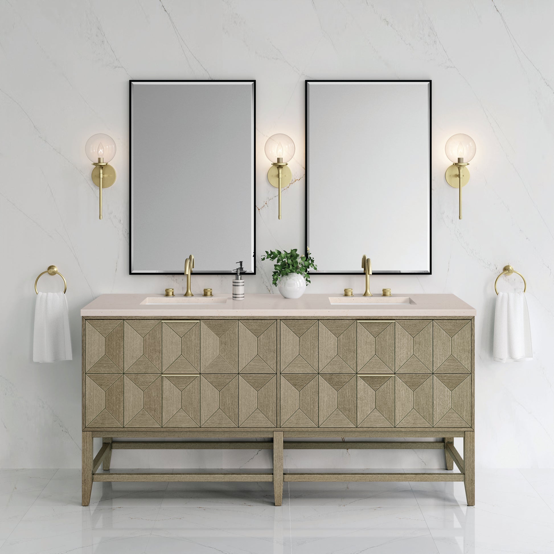 Emmeline 72" Double Vanity, Pebble Oak w/ 3CM Eternal Marfil Top James Martin Vanities
