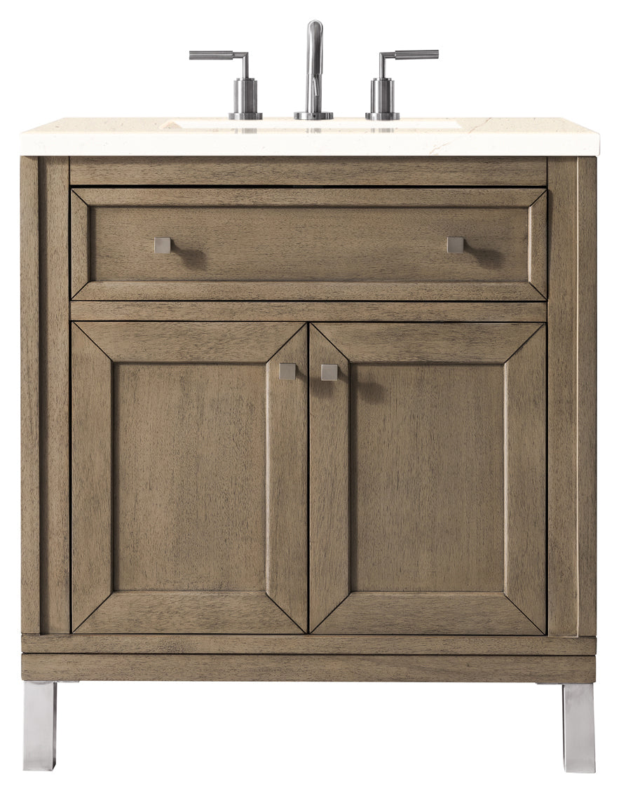 Chicago 30" Single Vanity, Whitewashed Walnut w/ 3 CM Eternal Marfil Quartz Top James Martin Vanities