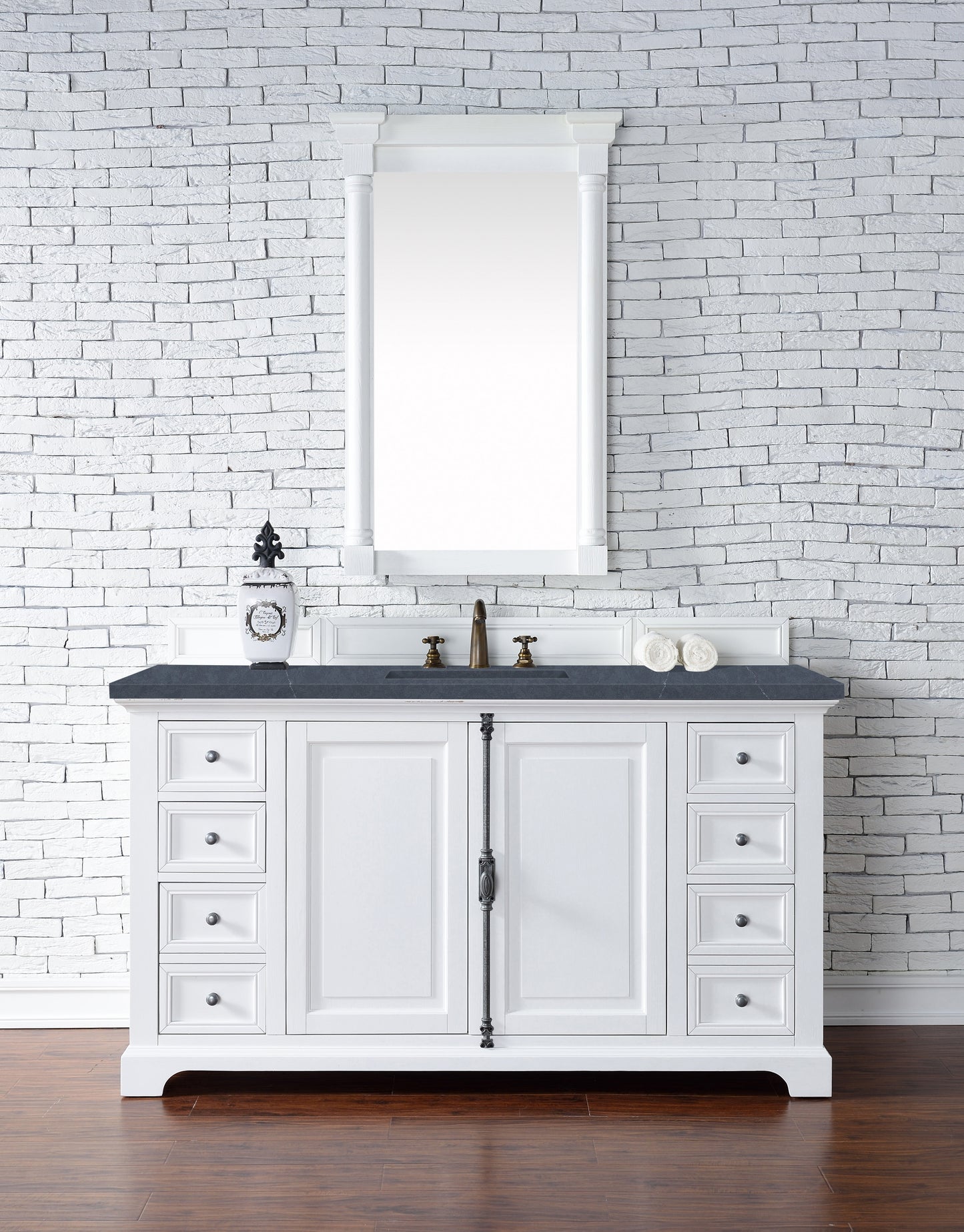 Providence 60" Single Vanity Cabinet, Bright White, w/ 3 CM Charcoal Soapstone Quartz Top James Martin