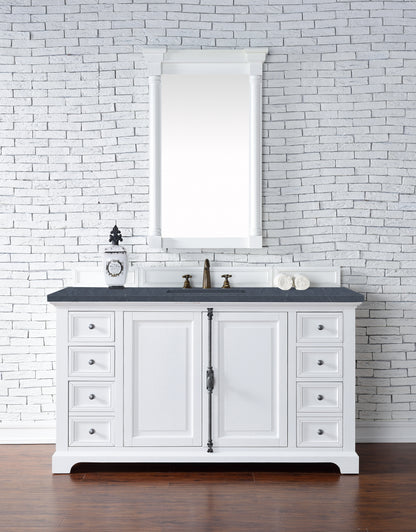 Providence 60" Single Vanity Cabinet, Bright White, w/ 3 CM Charcoal Soapstone Quartz Top James Martin