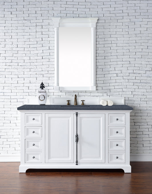 Providence 60" Single Vanity Cabinet, Bright White, w/ 3 CM Charcoal Soapstone Quartz Top James Martin