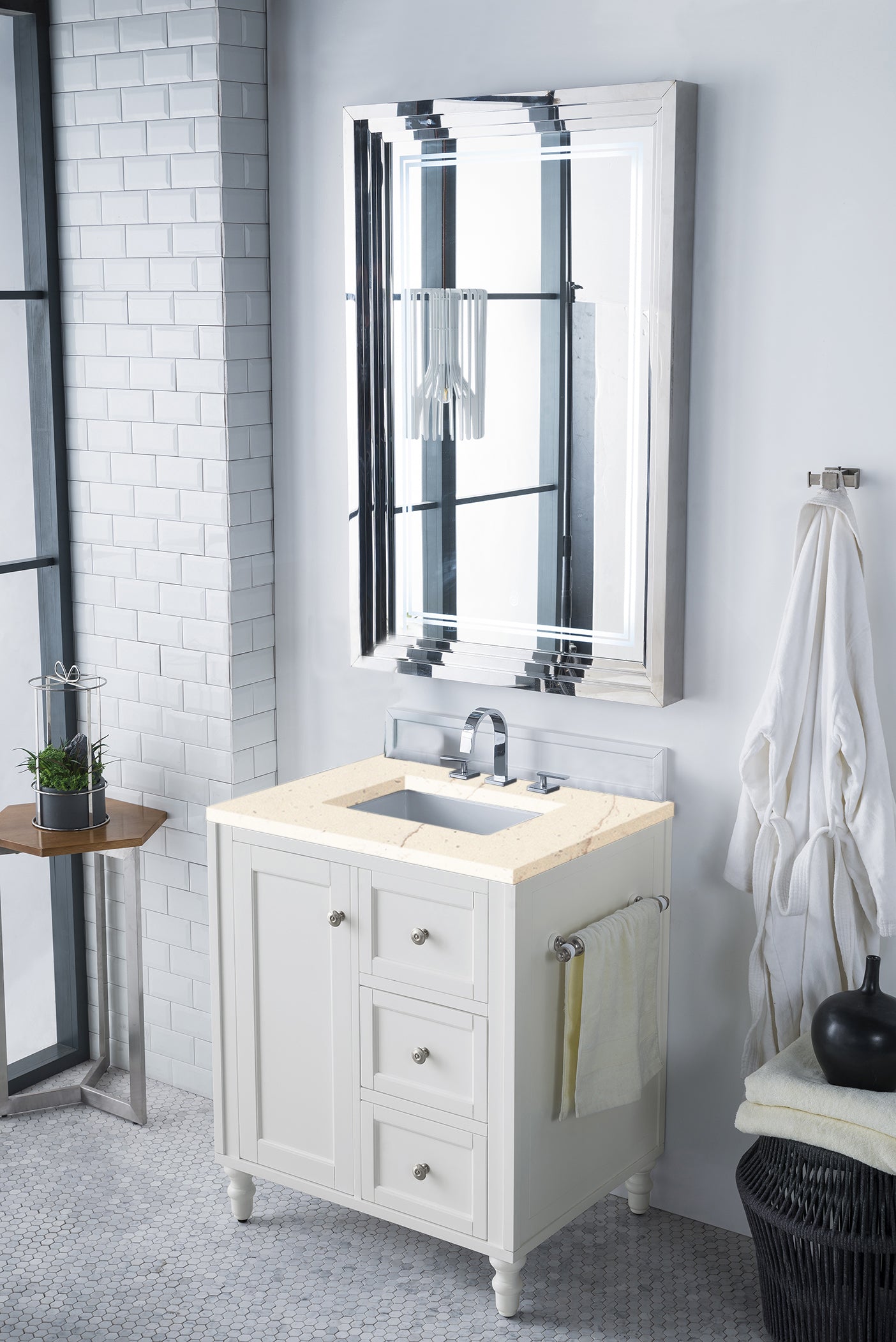 Copper Cove Encore 30" Single Vanity, Bright White w/ 3 CM Eternal Marfil Quartz Top James Martin Vanities
