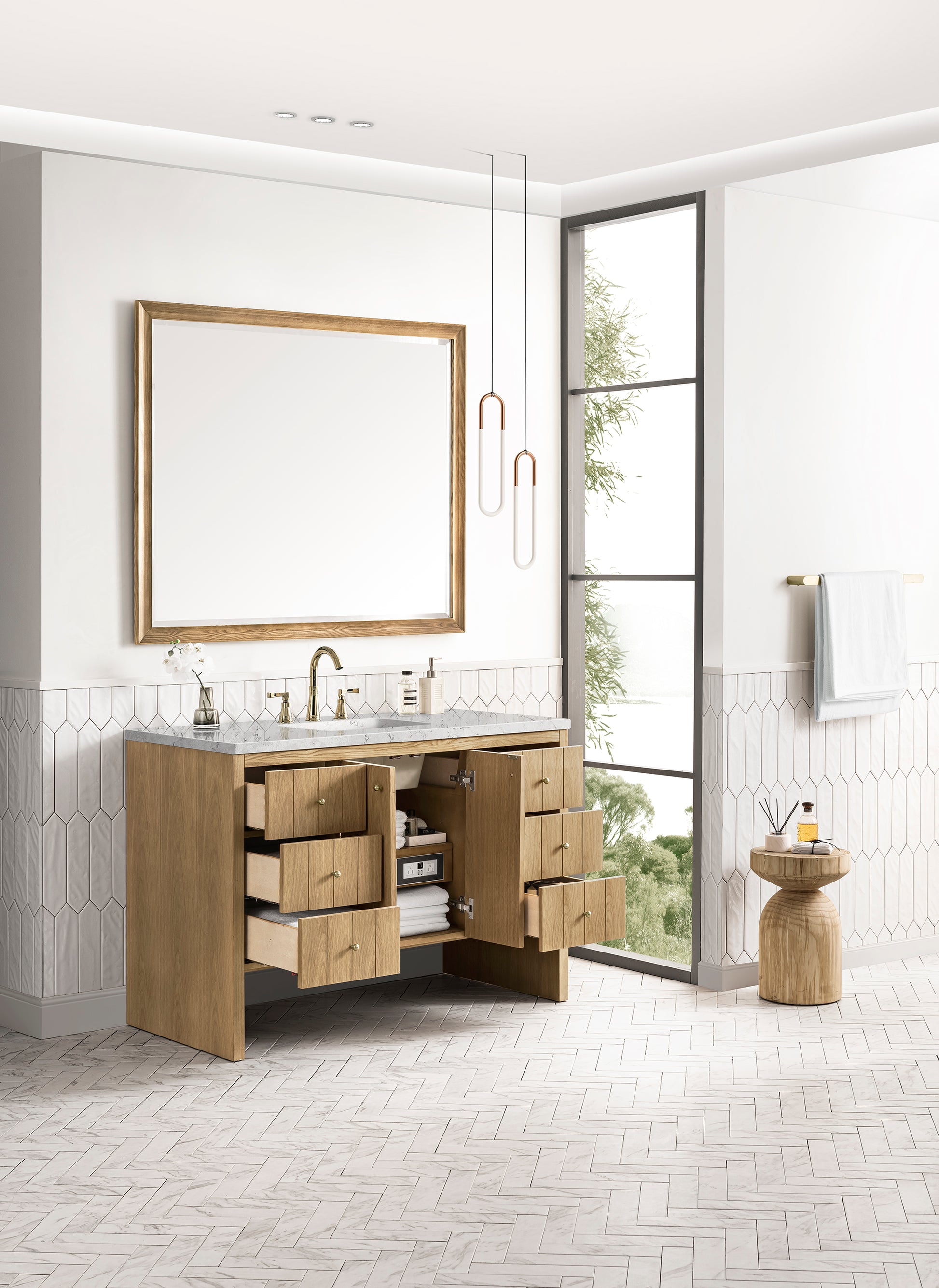 Hudson 48" Single Vanity, Light Natural Oak w/ 3CM Eternal Jasmine Pearl Top James Martin Vanities