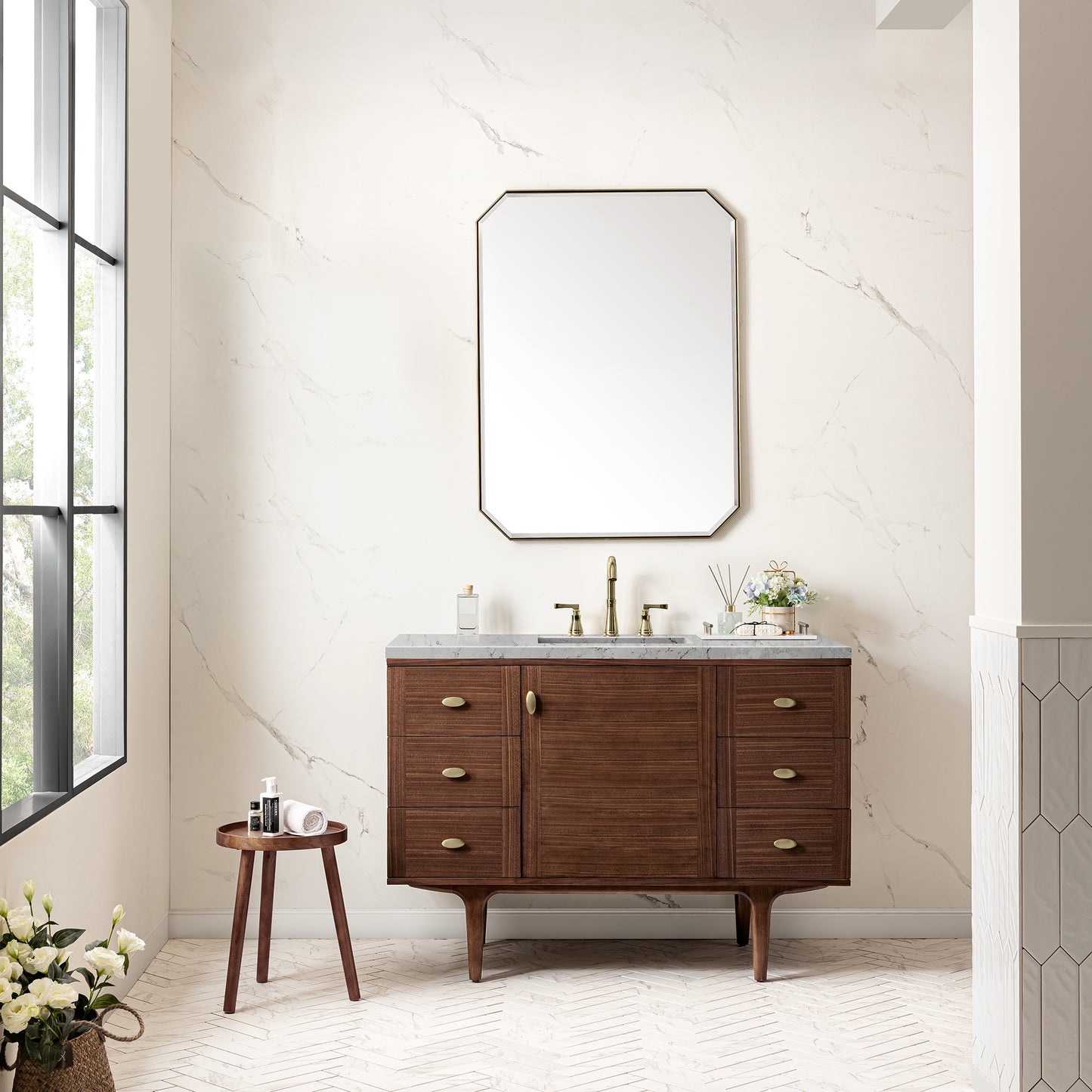 Amberly 48" Single Vanity, Mid-Century Walnut w/ 3CM Eternal Jasmine Pearl Top James Martin Vanities