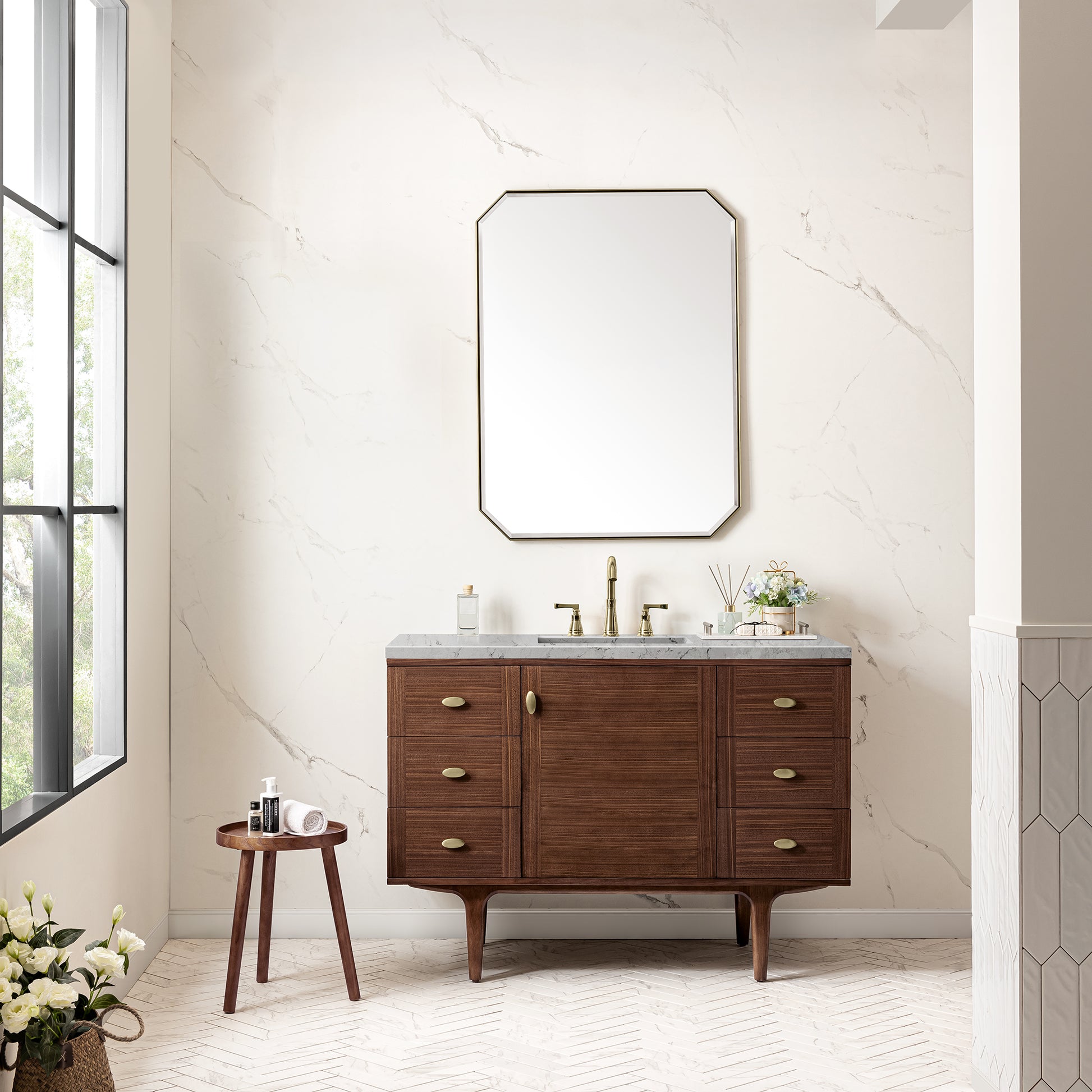 Amberly 48" Single Vanity, Mid-Century Walnut w/ 3CM Eternal Jasmine Pearl Top James Martin Vanities