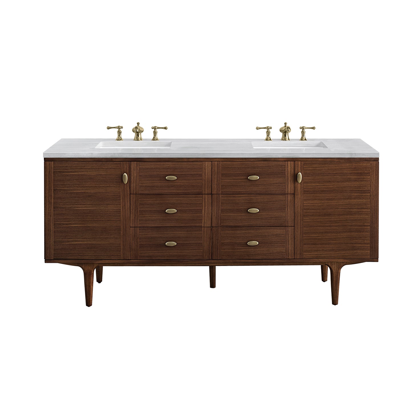 Amberly 72" Double Vanity, Mid-Century Walnut w/ 3CM Arctic Fall Top James Martin Vanities