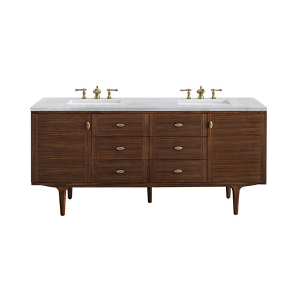 Amberly 72" Double Vanity, Mid-Century Walnut w/ 3CM Arctic Fall Top James Martin Vanities