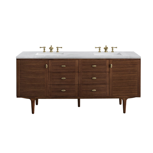 Amberly 72" Double Vanity, Mid-Century Walnut w/ 3CM Arctic Fall Top James Martin Vanities