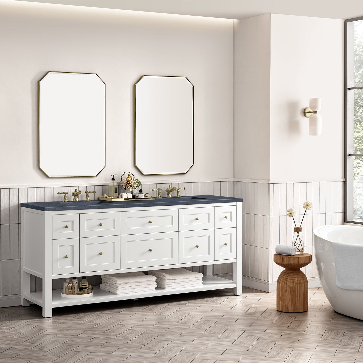 Breckenridge 72" Double Vanity, Bright White w/ 3CM Charcoal Soapstone Top James Martin Vanities