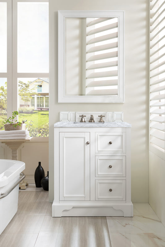 De Soto 30" Single Vanity, Bright White w/ 3 CM Carrara Marble Top James Martin Vanities