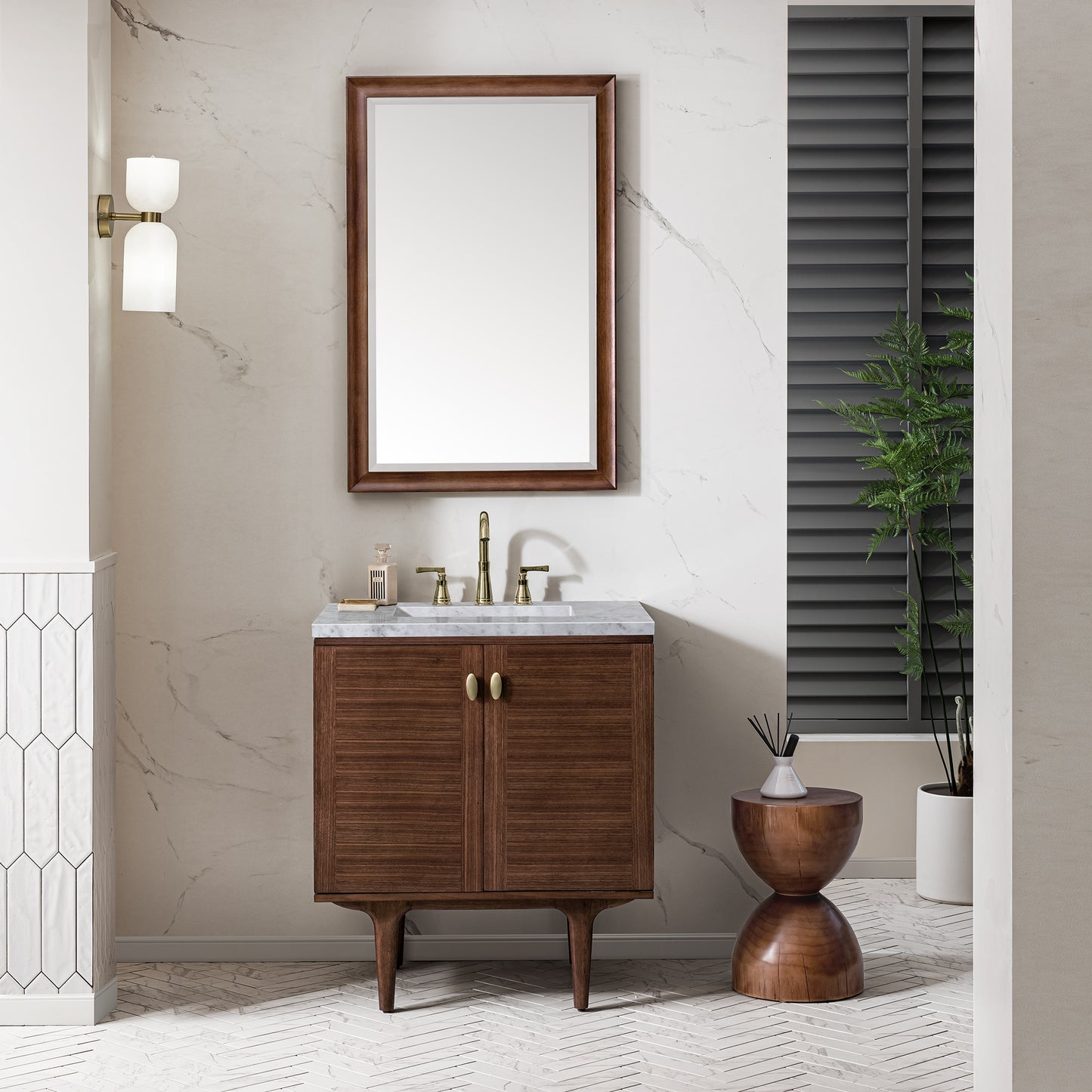 Amberly 30" Single Vanity, Mid-Century Walnut w/ 3CM Carrara Marble Top James Martin Vanities