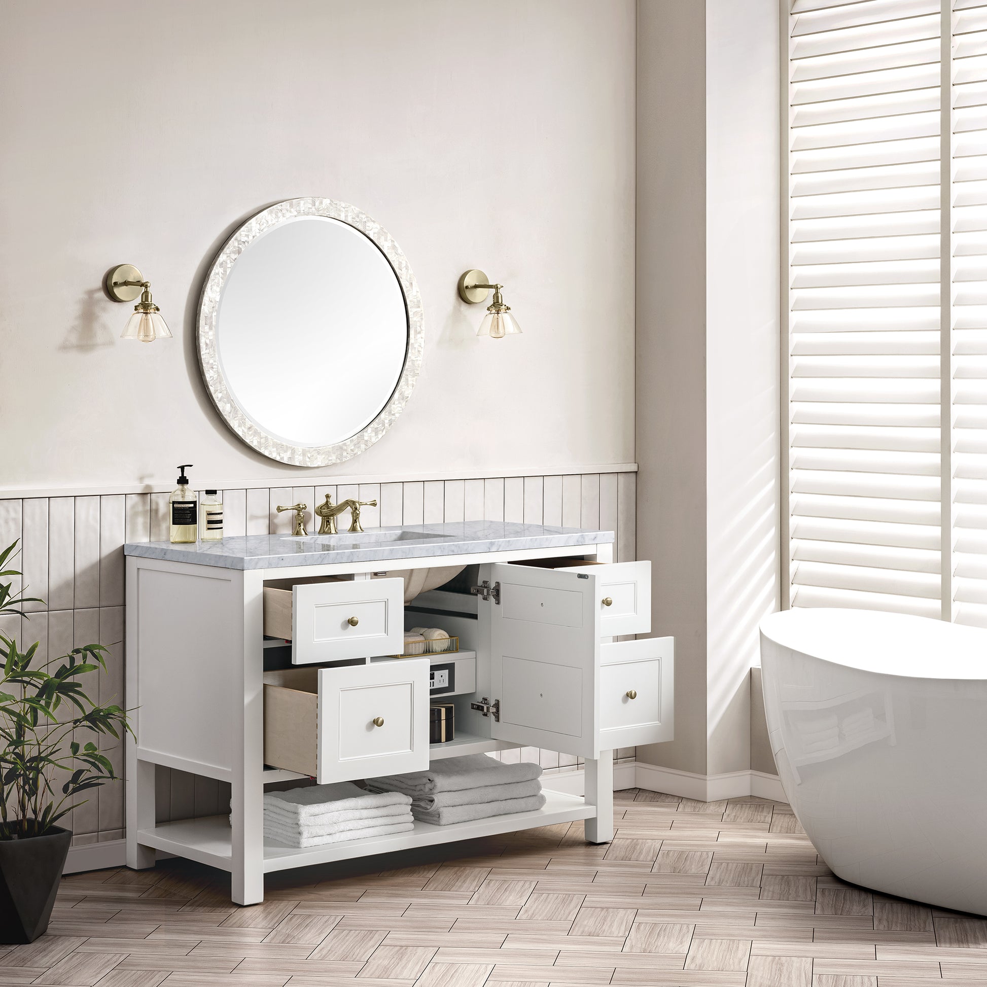 Breckenridge 48" Single Vanity, Bright White w/ 3CM Carrara Marble Top James Martin Vanities