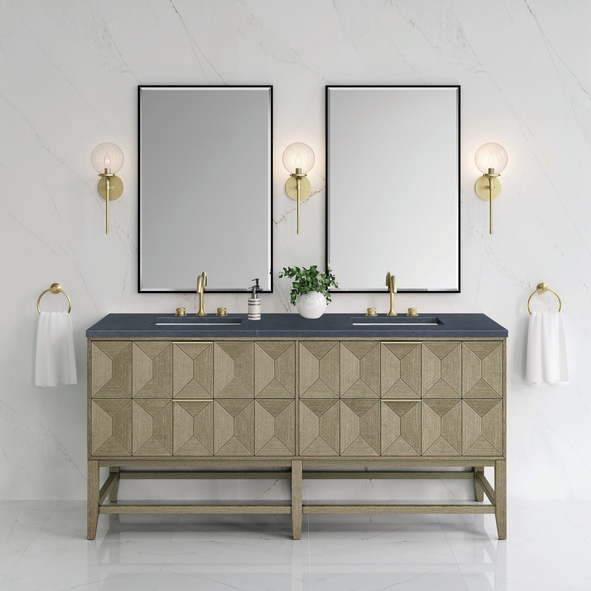 Emmeline 72" Double Vanity, Pebble Oak w/ 3CM Charcoal Soapstone Top James Martin Vanities