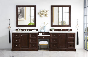 De Soto 118" Double Vanity Set, Burnished Mahogany w/ Makeup Table, 3 CM White Zeus Quartz Top James Martin Vanities
