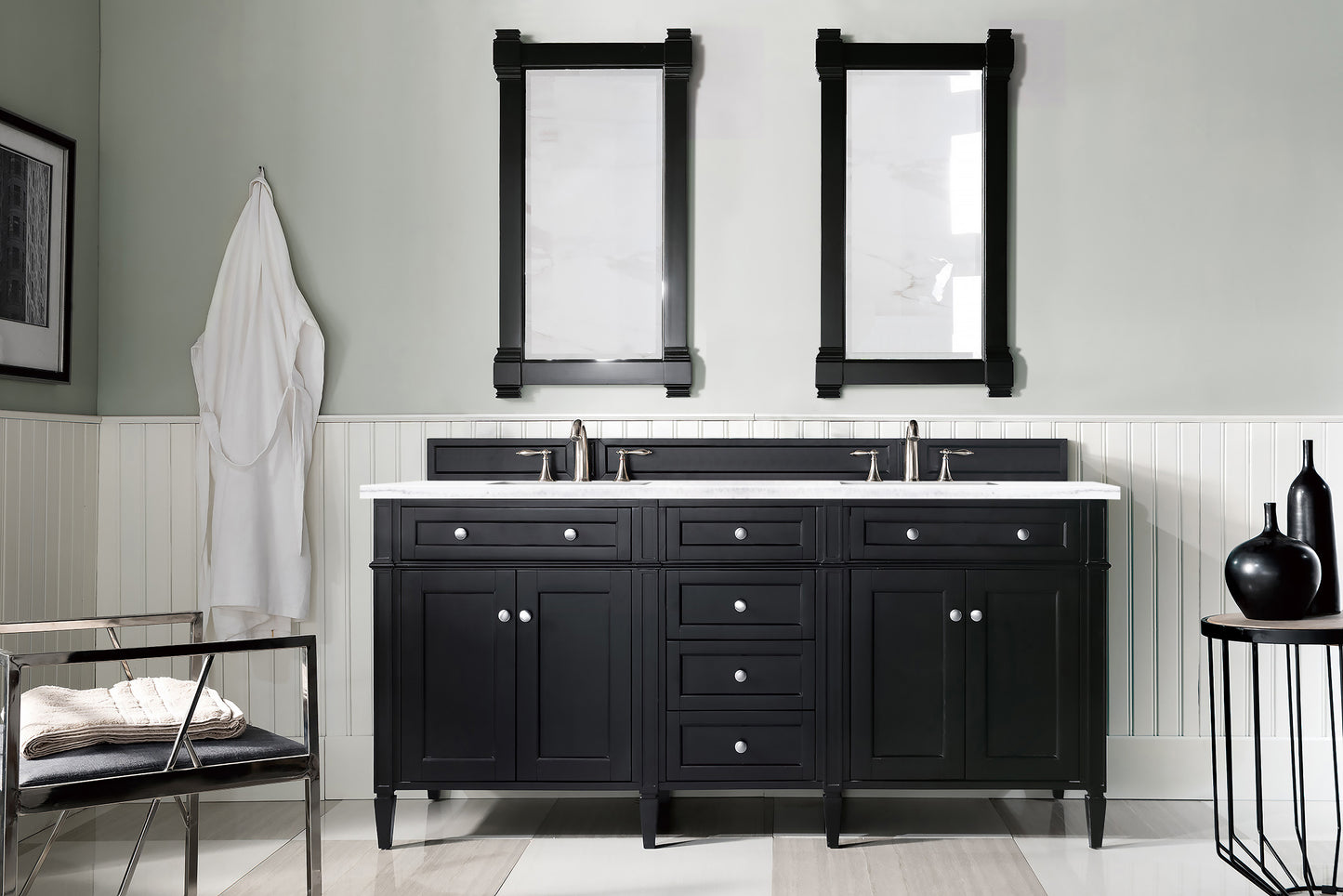 Brittany 72" Black Onyx Double Vanity w/ 3 CM Arctic Fall Solid Surface Top James Martin Vanities