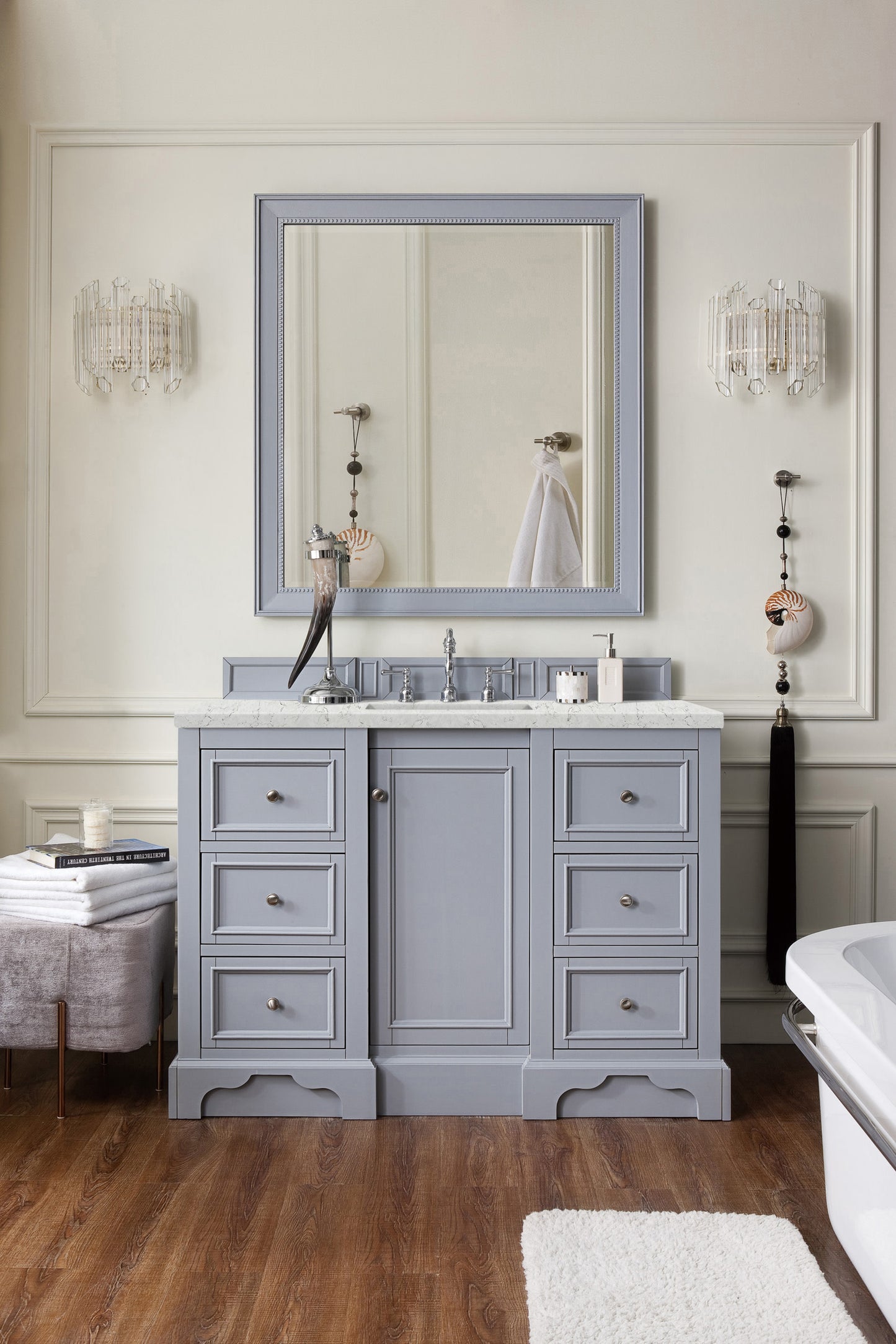 De Soto 48" Single Vanity, Silver Gray w/ 3 CM Eternal Jasmine Pearl Quartz Top James Martin Vanities