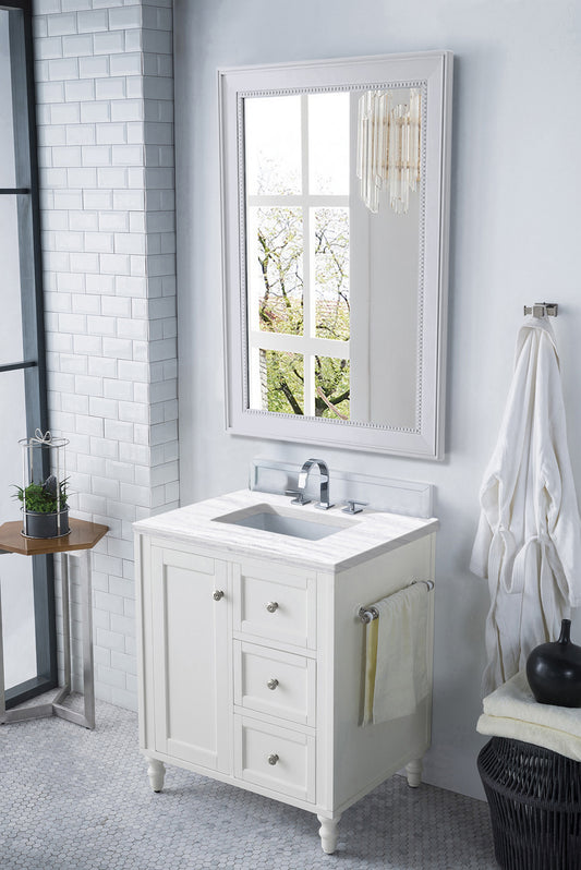 Copper Cove Encore 30" Single Vanity, Bright White w/ 3 CM Arctic Fall Solid Surface Top James Martin Vanities