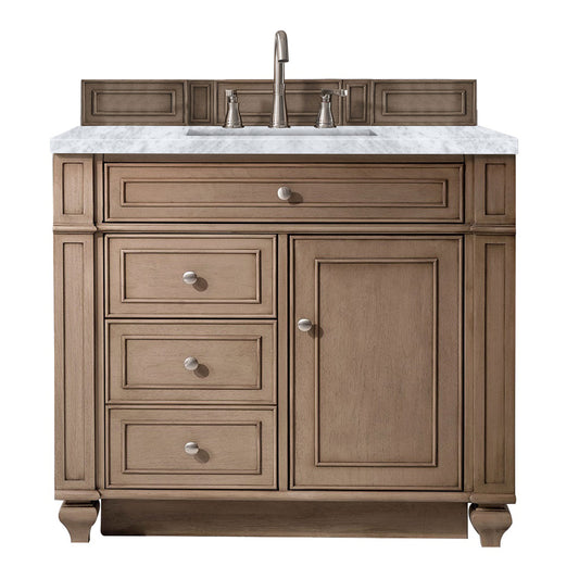 Bristol 36" Single Vanity, Whitewashed Walnut, w/ 3 CM Carrara Marble Top James Martin Vanities