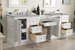 De Soto 94" Double Vanity Set, Bright White w/ Makeup Table, 3 CM Eternal Serena Quartz Top James Martin