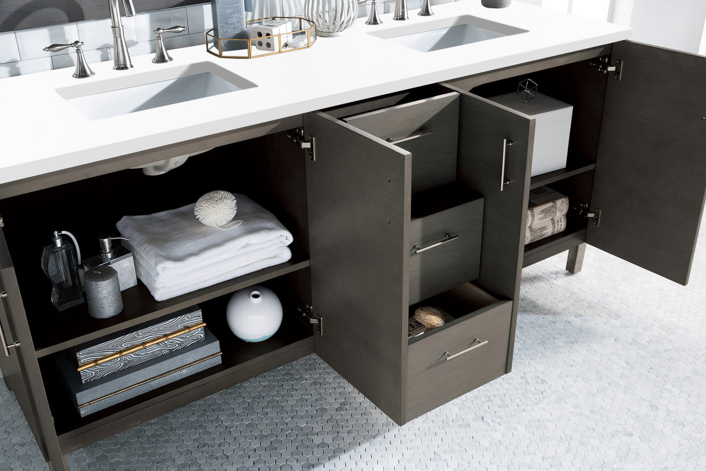 Bathroom Vanities Outlet Atlanta Renovate for LessMetropolitan 72" Double Vanity, Silver Oak, w/ 3 CM White Zeus Quartz Top