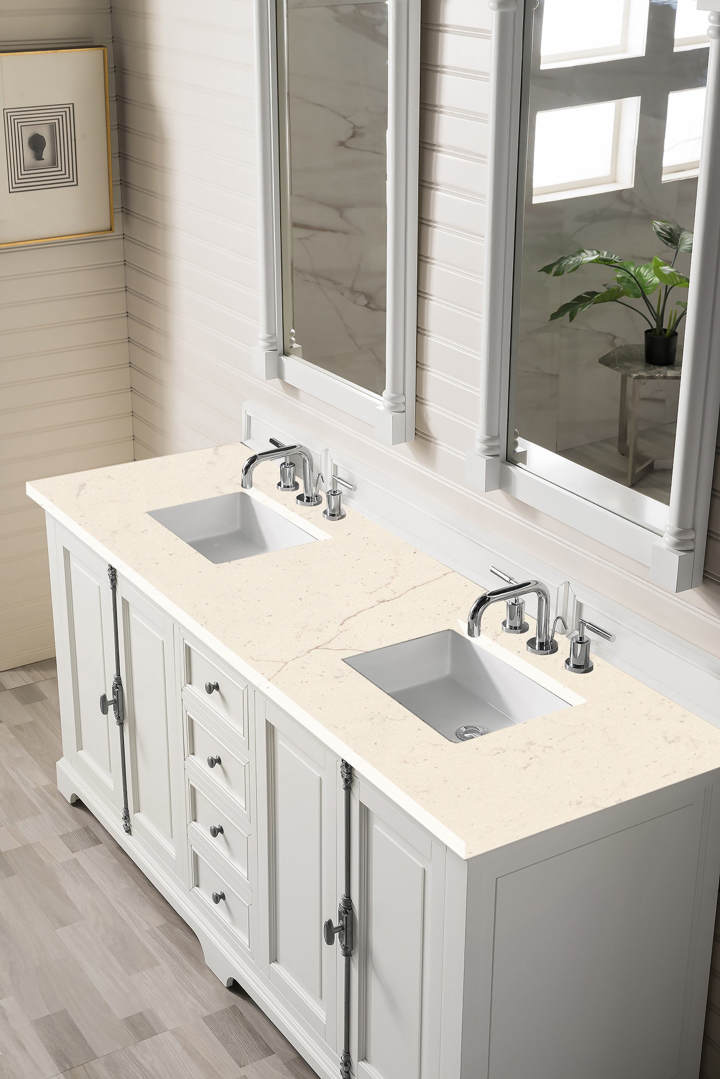 Providence 72" Double Vanity Cabinet, Bright White, w/ 3 CM Eternal Marfil Quartz Top James Martin