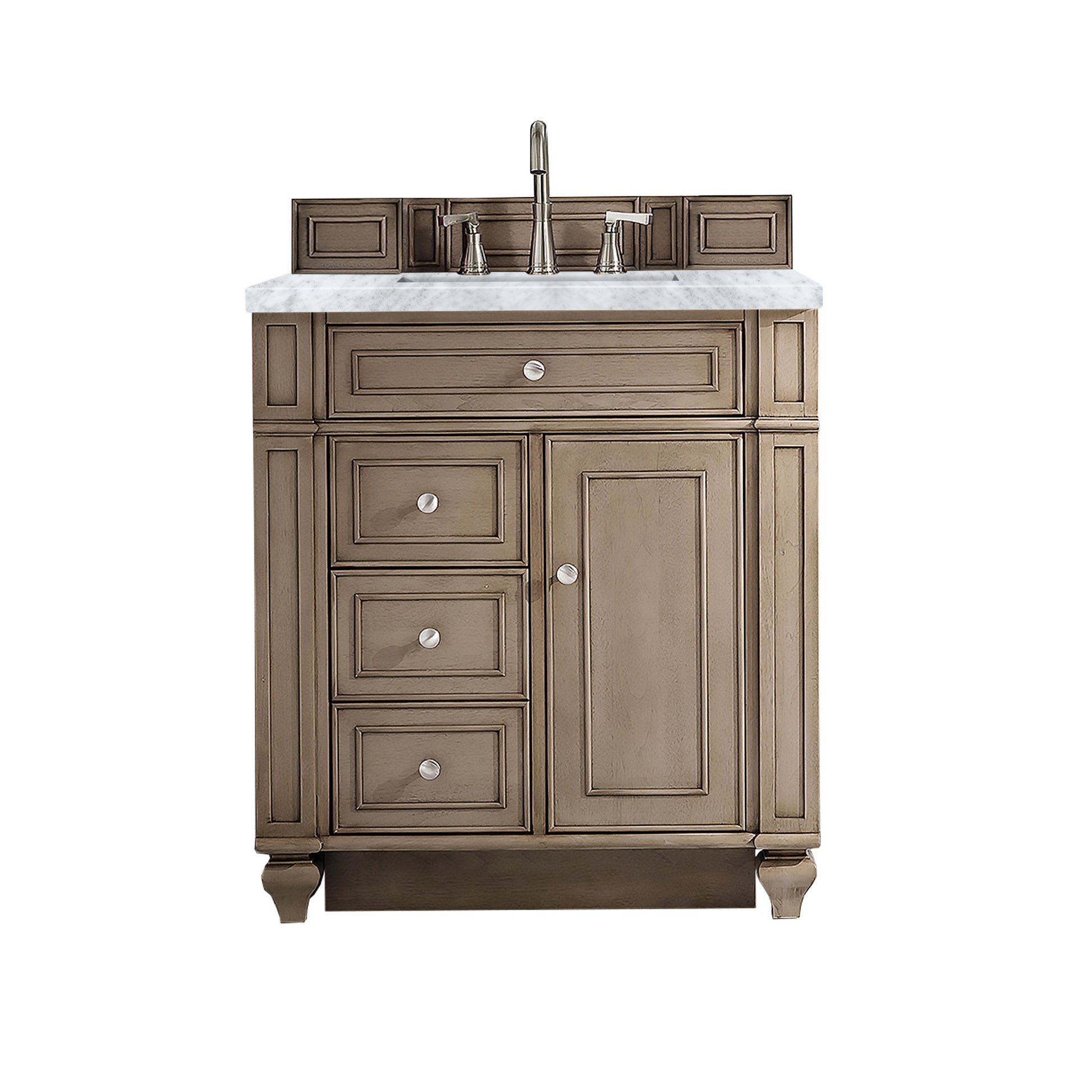 Bristol 30" Single Vanity, Whitewashed Walnut, w/ 3 CM Carrara Marble Top James Martin Vanities
