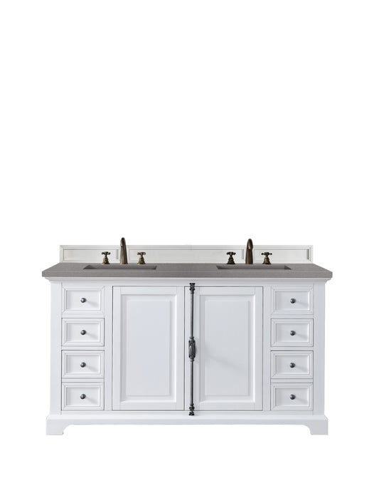 Providence 60" Double Vanity Cabinet, Bright White, w/ 3 CM Grey Expo Quartz Top James Martin