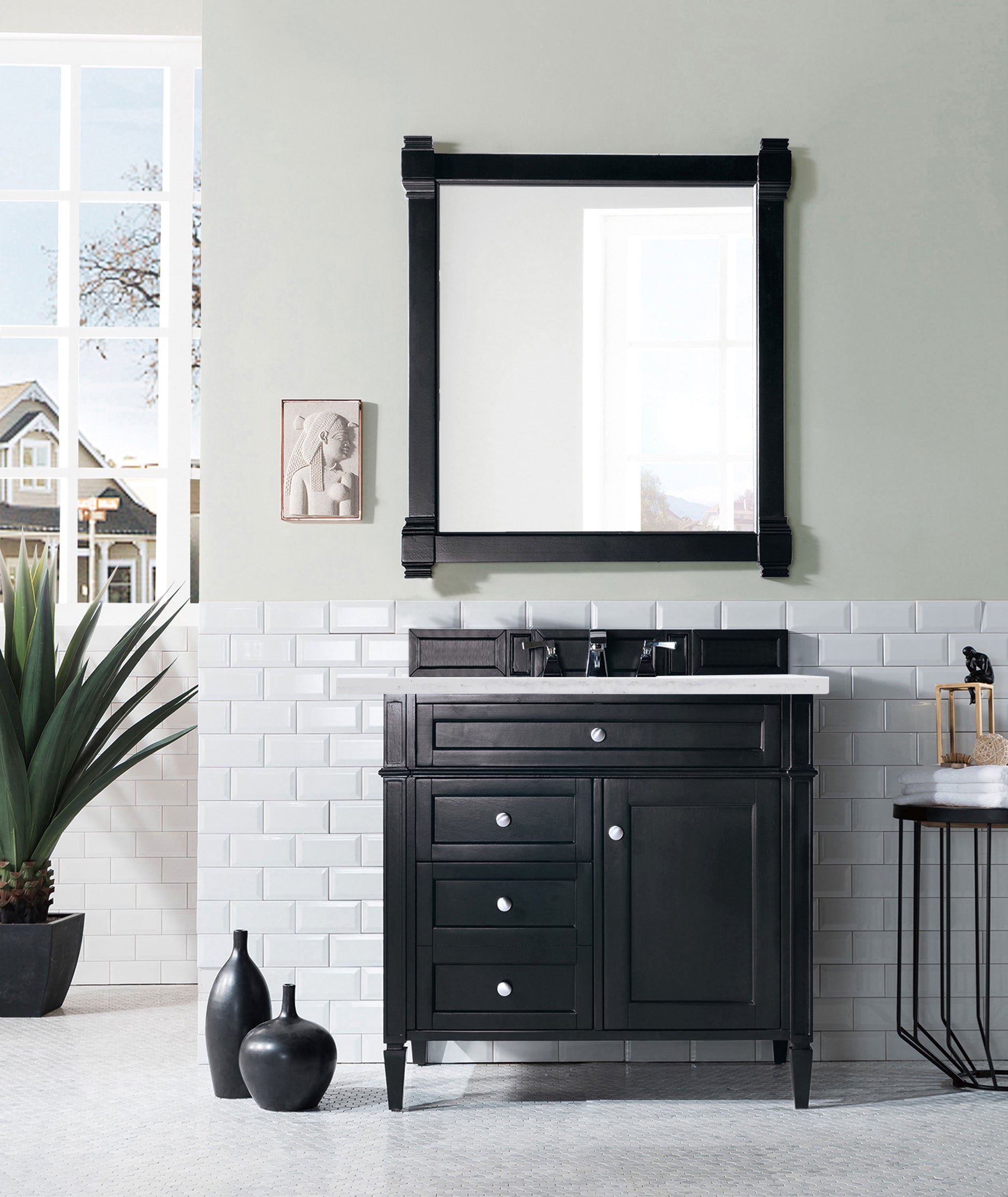 Brittany 36" Black Onyx Single Vanity w/ 3 CM Arctic Fall Solid Surface Top James Martin Vanities
