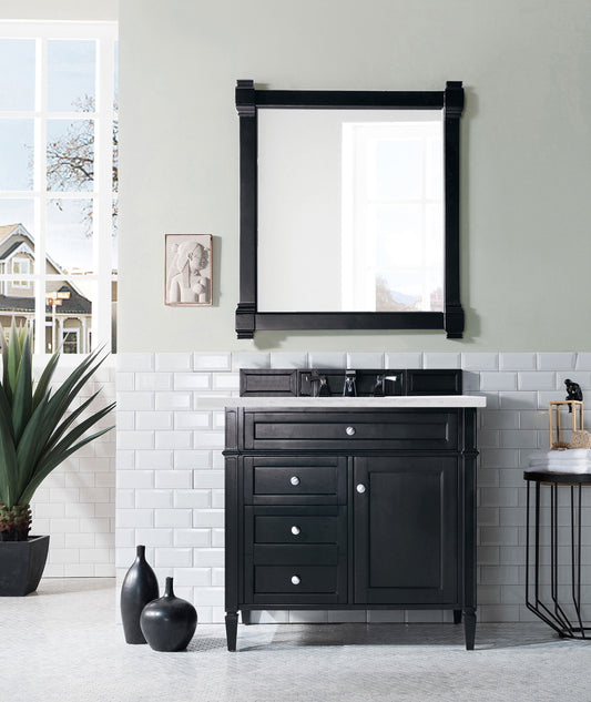 Brittany 36" Black Onyx Single Vanity w/ 3 CM Arctic Fall Solid Surface Top James Martin Vanities