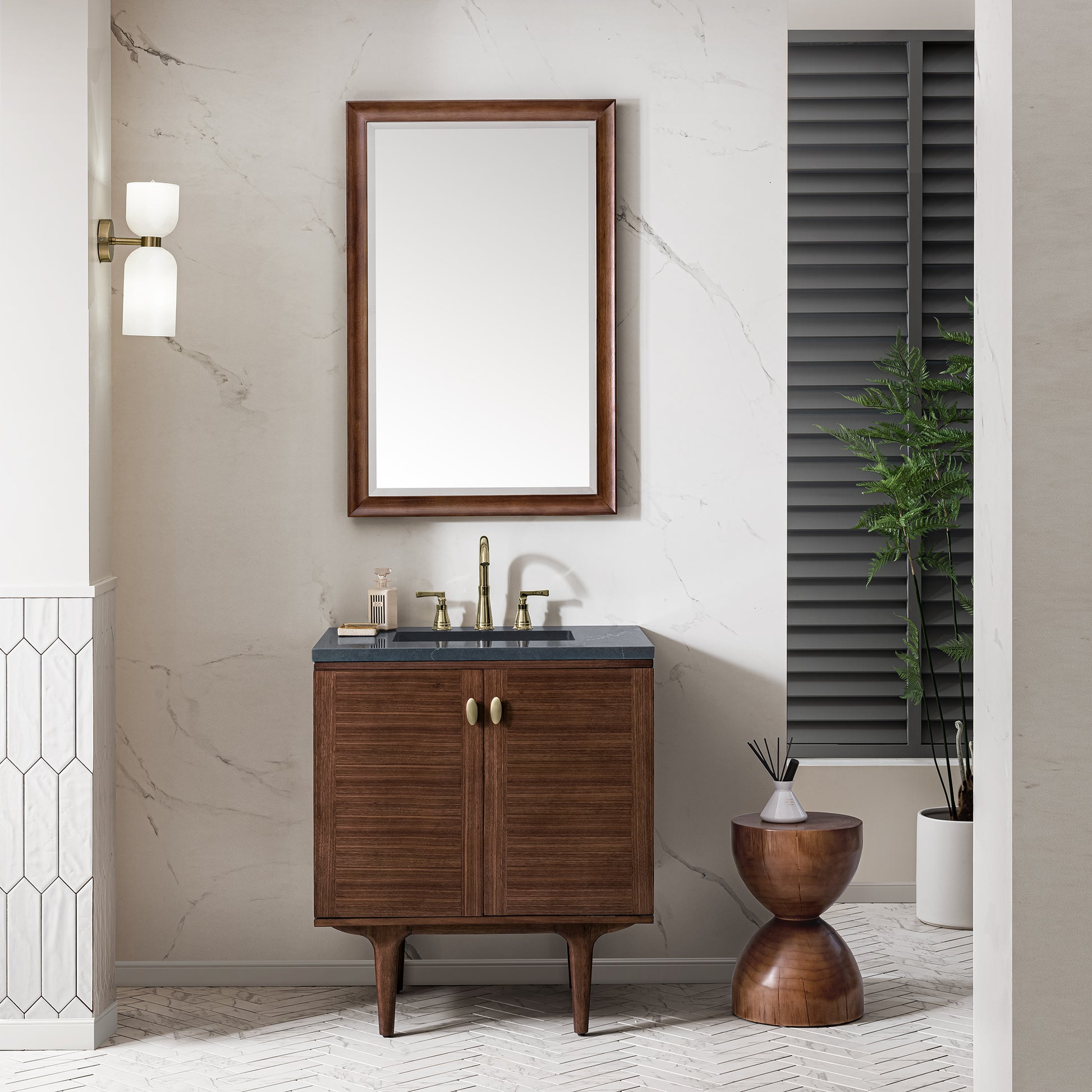 Amberly 30" Single Vanity, Mid-Century Walnut w/ 3CM Charcoal Soapstone Top James Martin Vanities
