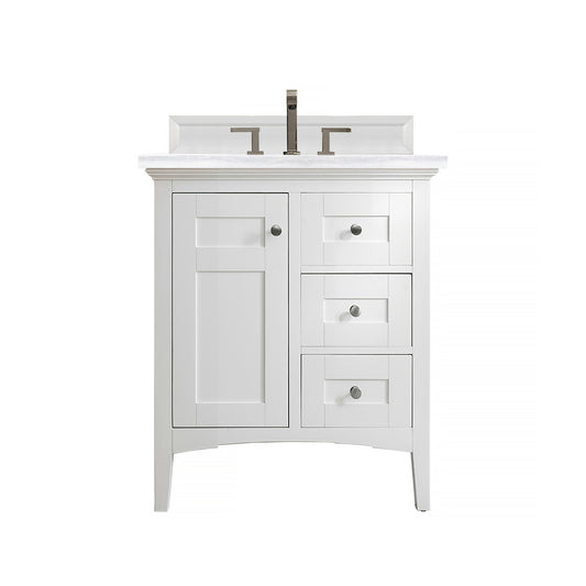 Palisades 30" Single Vanity, Bright White w/ 3 CM Arctic Fall Solid Surface Top James Martin Vanities