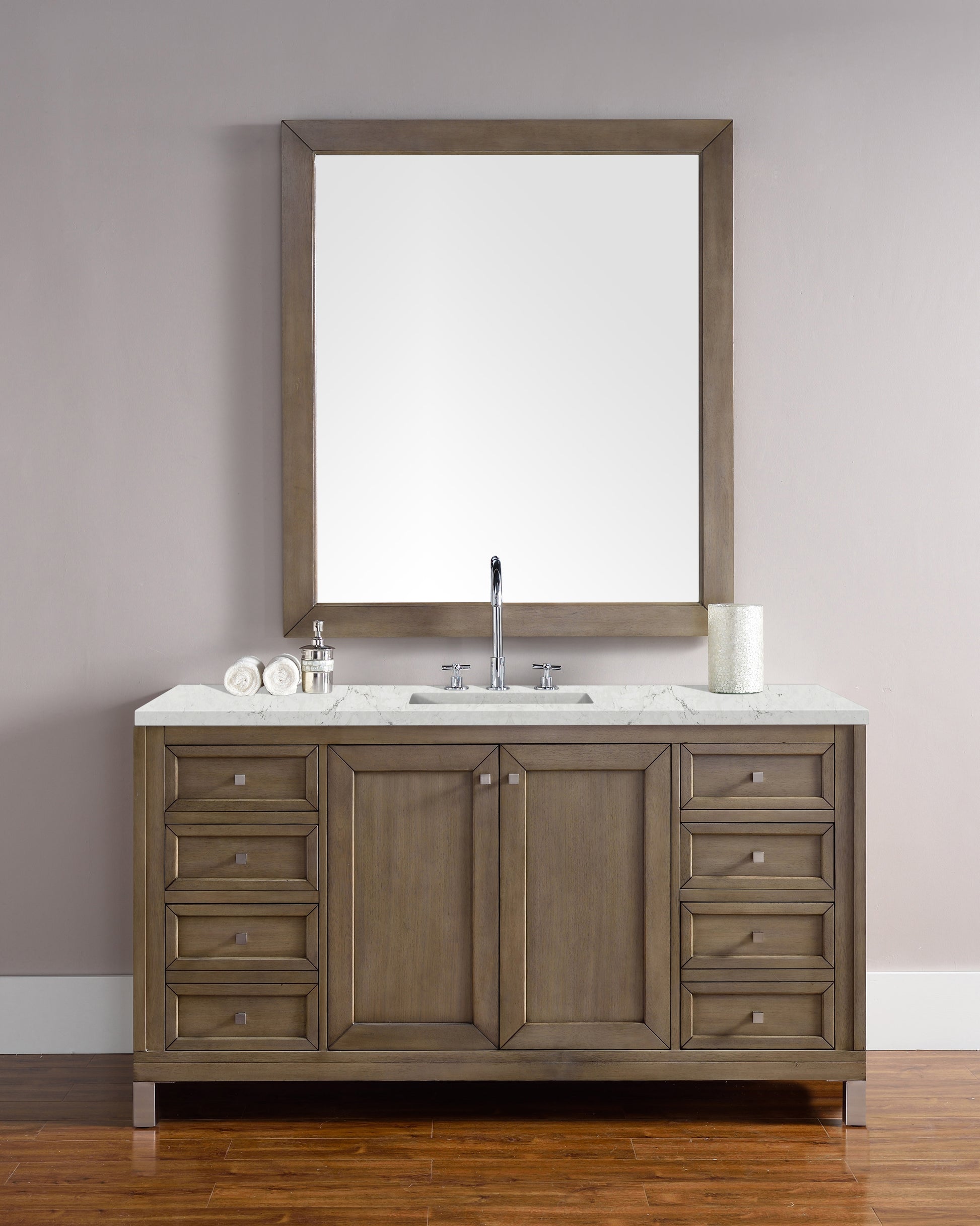 Chicago 60" Single Vanity, Whitewashed Walnut w/ 3 CM Eternal Jasmine Pearl Quartz Top James Martin Vanities