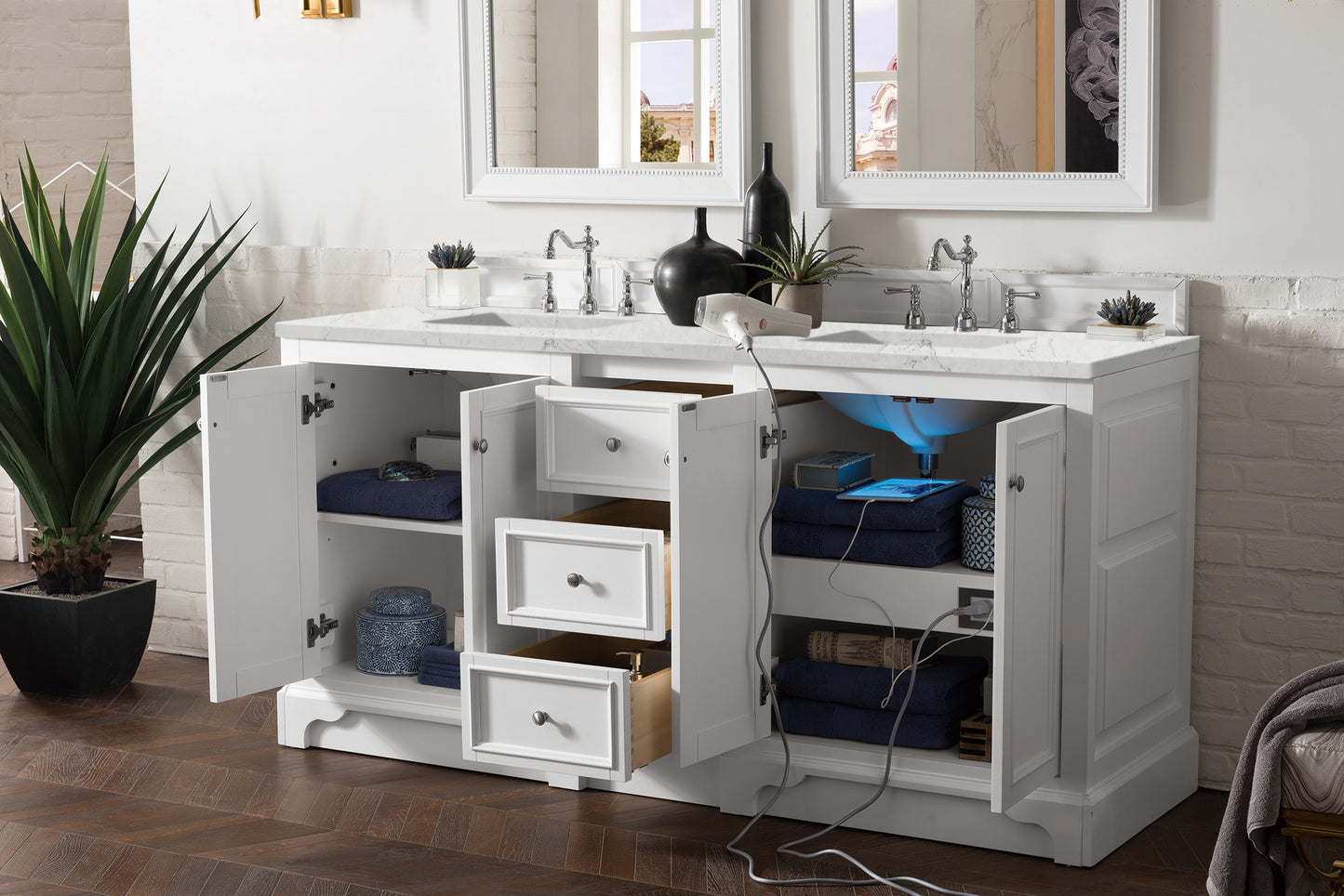 De Soto 72" Double Vanity, Bright White w/ 3 CM Eternal Jasmine Pearl Quartz Top James Martin Vanities