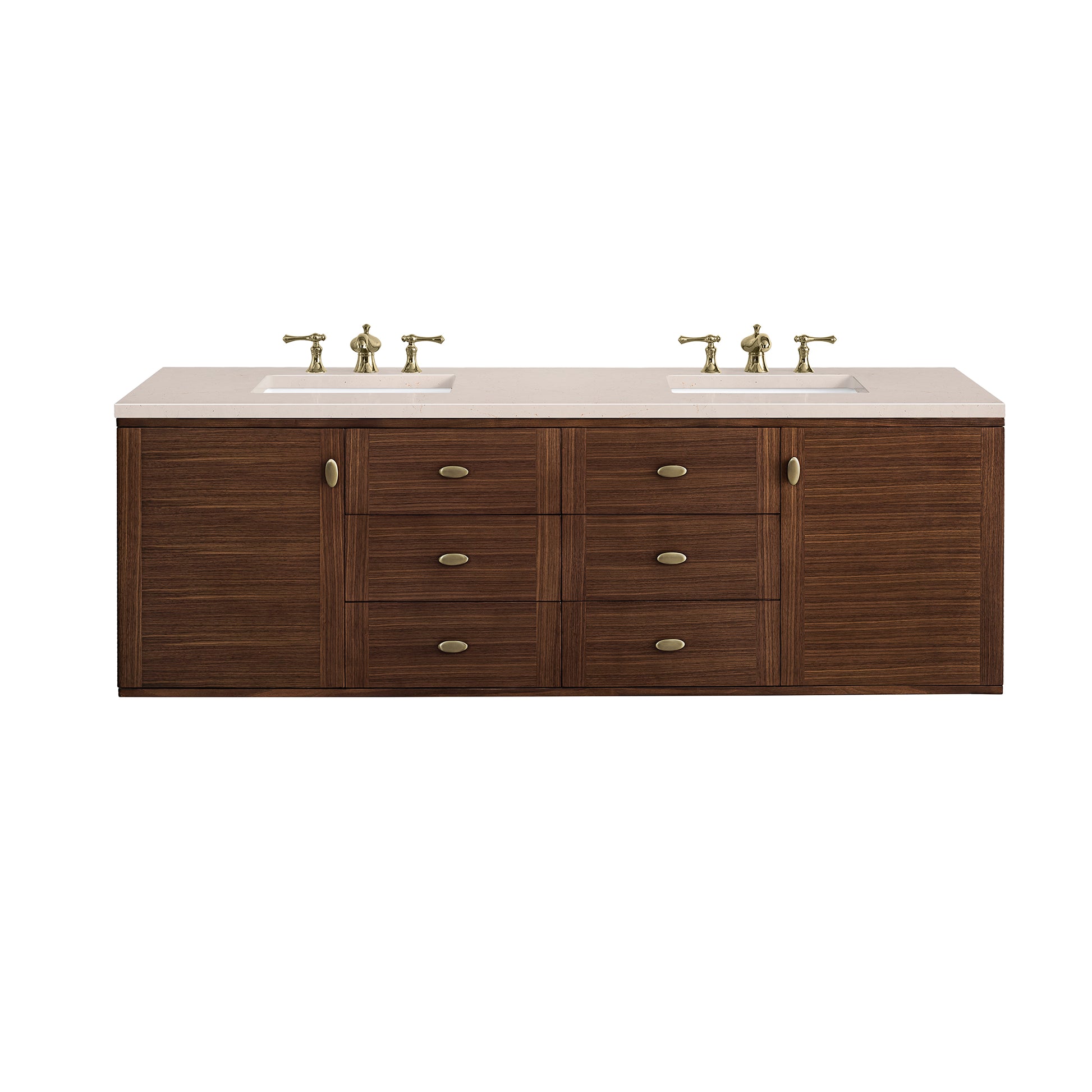 Amberly 72" Double Vanity, Mid-Century Walnut w/ 3CM Eternal Marfil Top James Martin Vanities