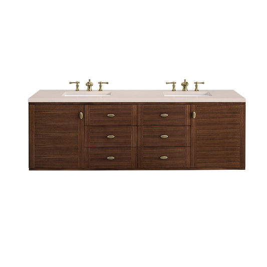 Amberly 72" Double Vanity, Mid-Century Walnut w/ 3CM Eternal Marfil Top James Martin Vanities