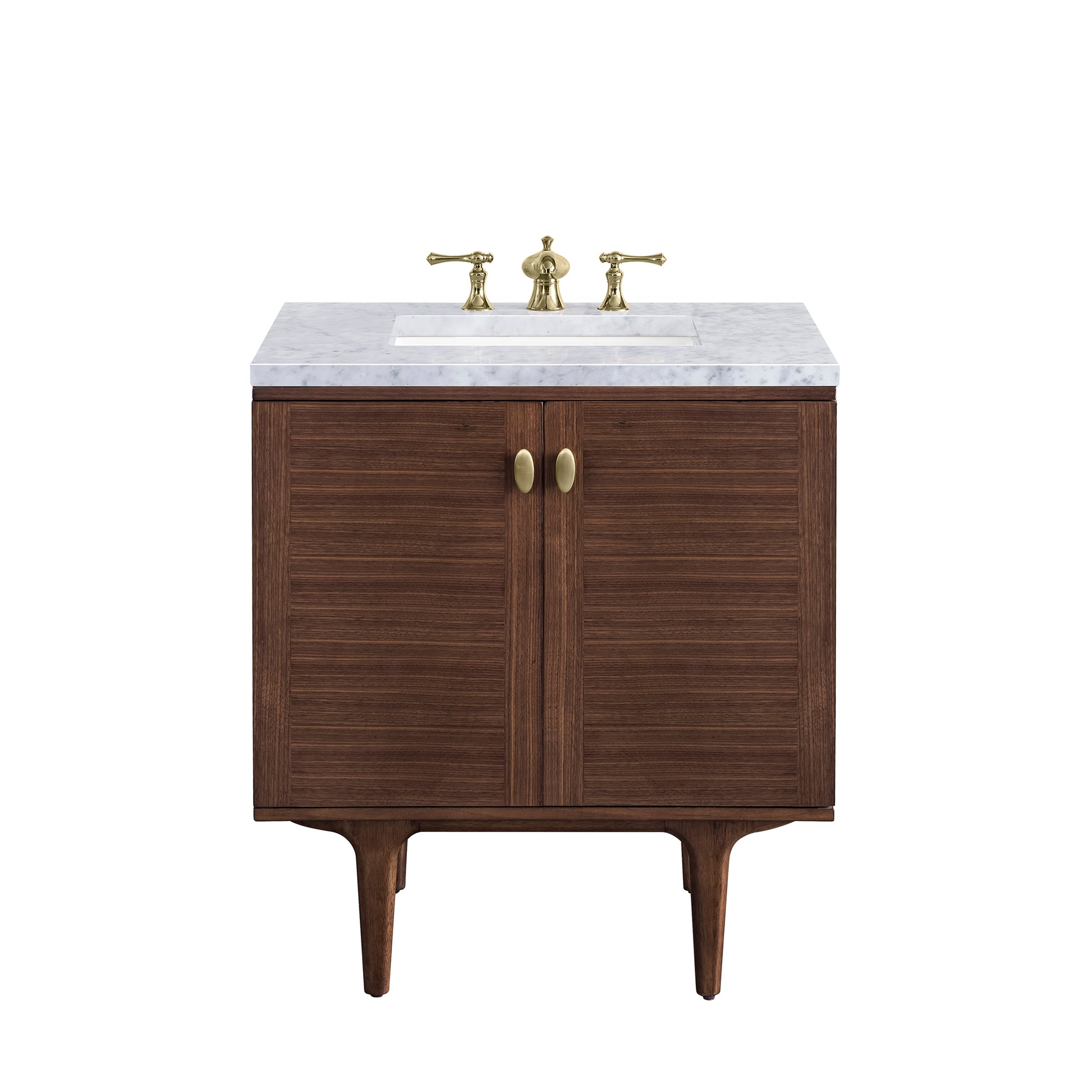 Amberly 30" Single Vanity, Mid-Century Walnut w/ 3CM Carrara Marble Top James Martin Vanities