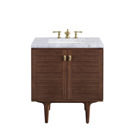 Amberly 30" Single Vanity, Mid-Century Walnut w/ 3CM Carrara Marble Top James Martin Vanities