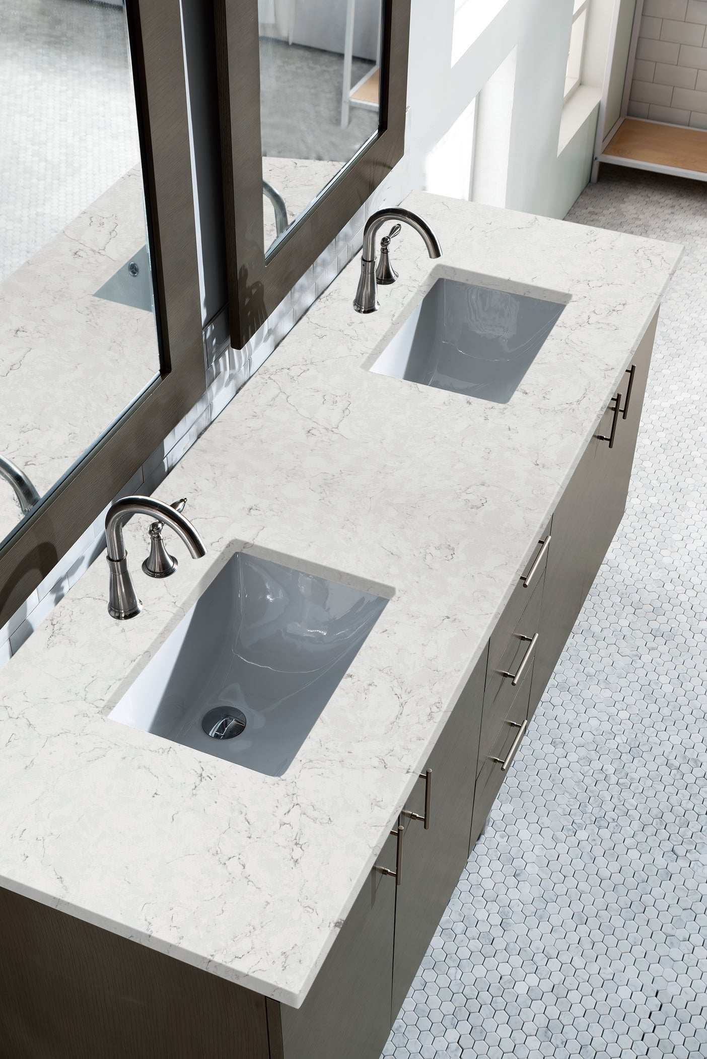 Metropolitan 72" Double Vanity, Silver Oak, w/ 3 CM Eternal Jasmine Pearl Quartz Top James Martin Vanities