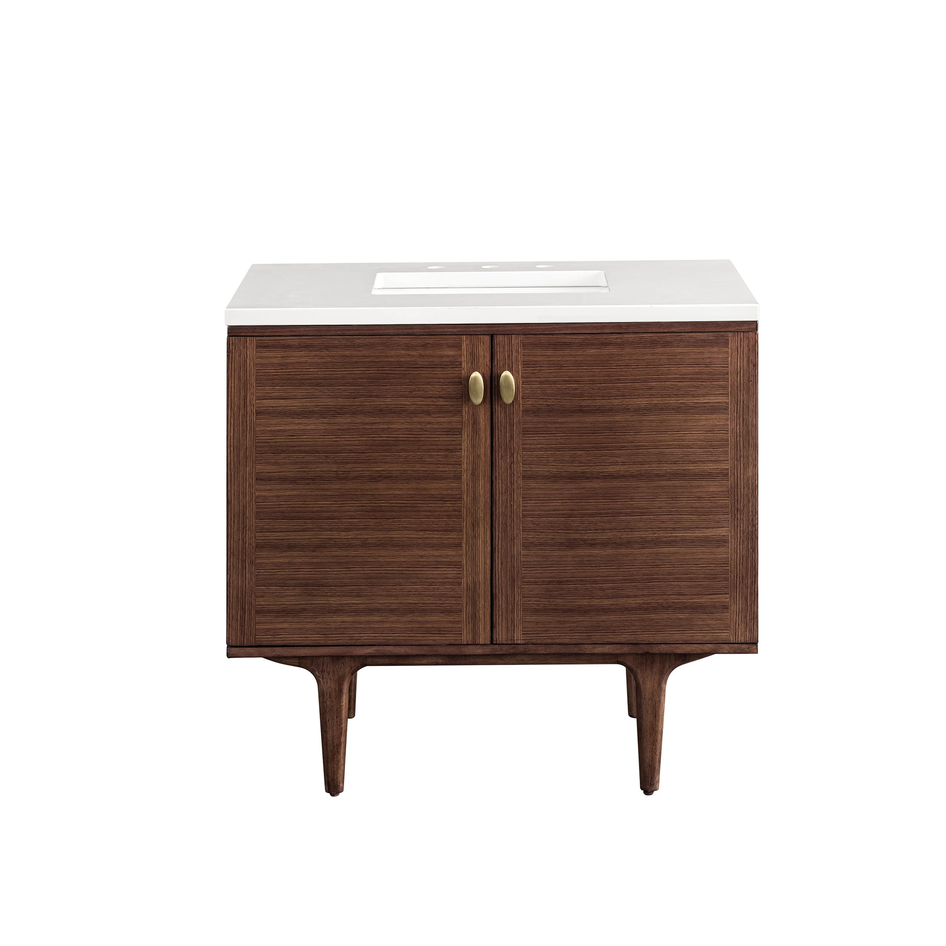 Amberly 36" Single Vanity, Mid-Century Walnut w/ 3CM White Zeus Top James Martin Vanities