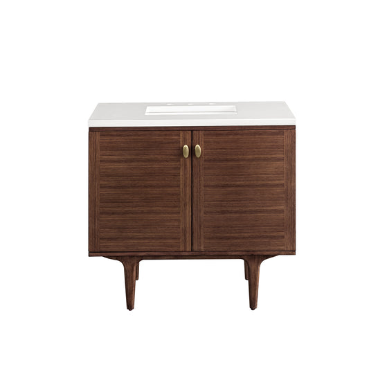 Amberly 36" Single Vanity, Mid-Century Walnut w/ 3CM White Zeus Top James Martin Vanities