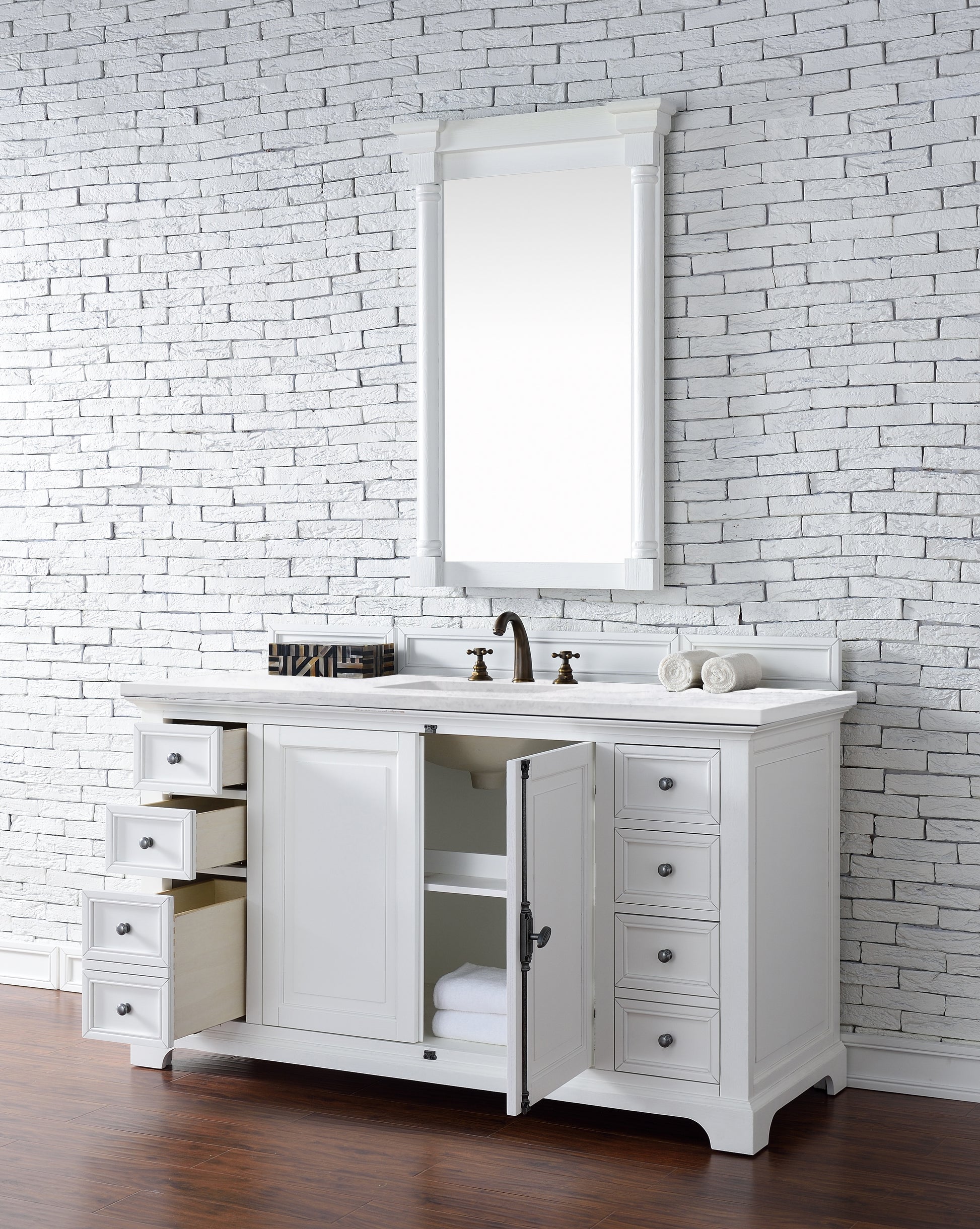 Providence 60" Bright White Single Vanity w/ 3 CM Arctic Fall Solid Surface Top James Martin