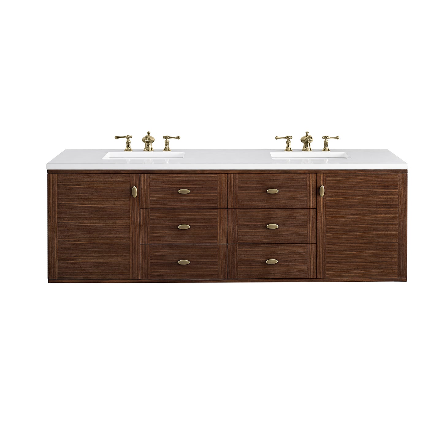 Amberly 72" Double Vanity, Mid-Century Walnut w/ 3CM White Zeus Top James Martin Vanities