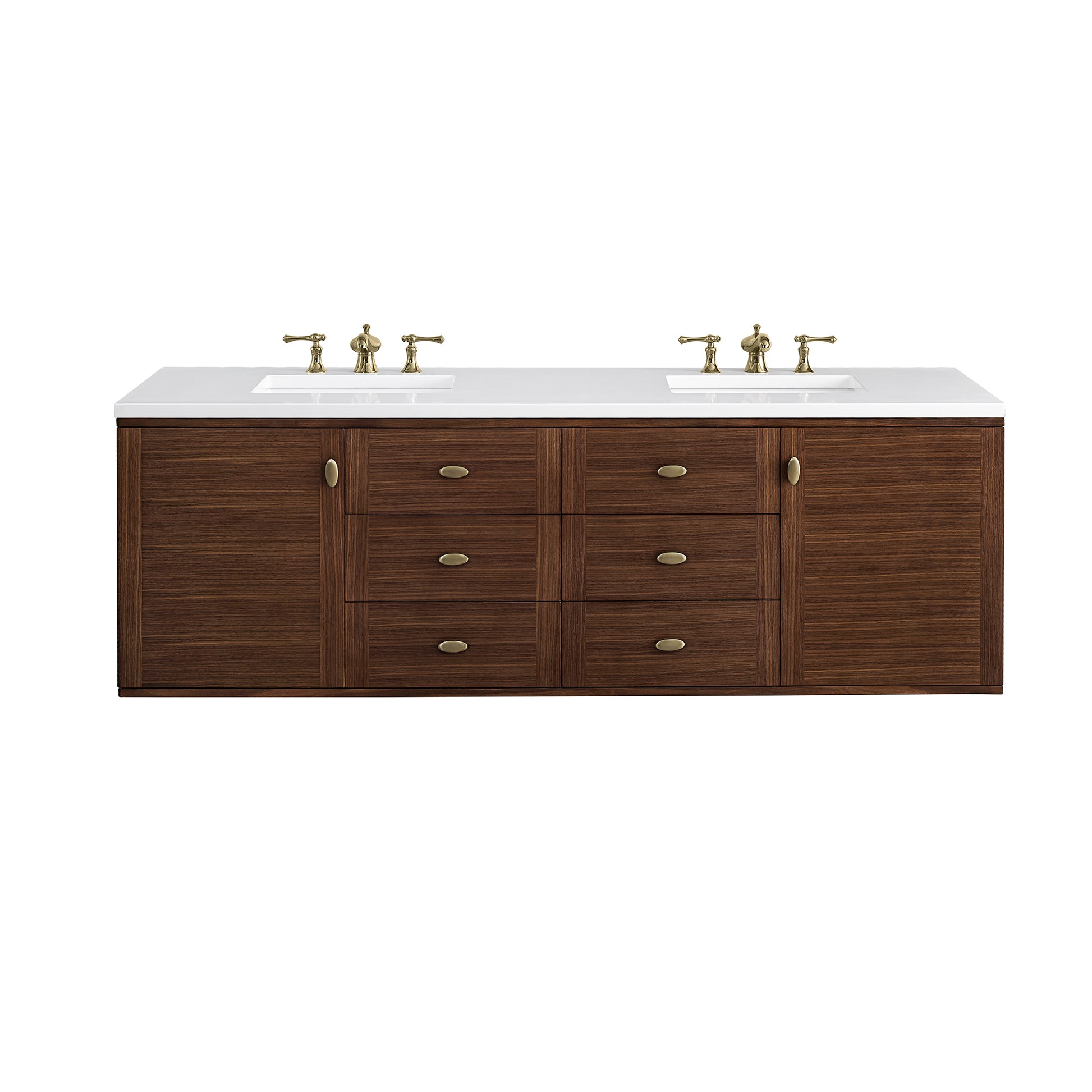 Amberly 72" Double Vanity, Mid-Century Walnut w/ 3CM White Zeus Top James Martin Vanities