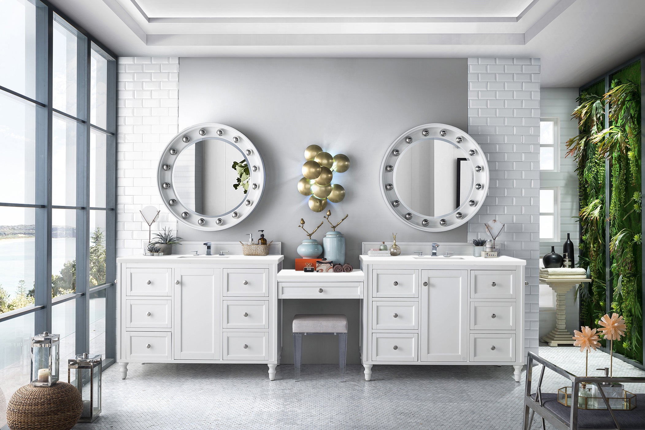 86 Copper Cove Encore Double Bathroom Vanity with Makeup Counter, Bright White