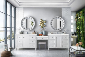 Copper Cove Encore 122" Double Vanity Set, Bright White w/ Makeup Table, 3 CM White Zeus Quartz Top James Martin Vanities