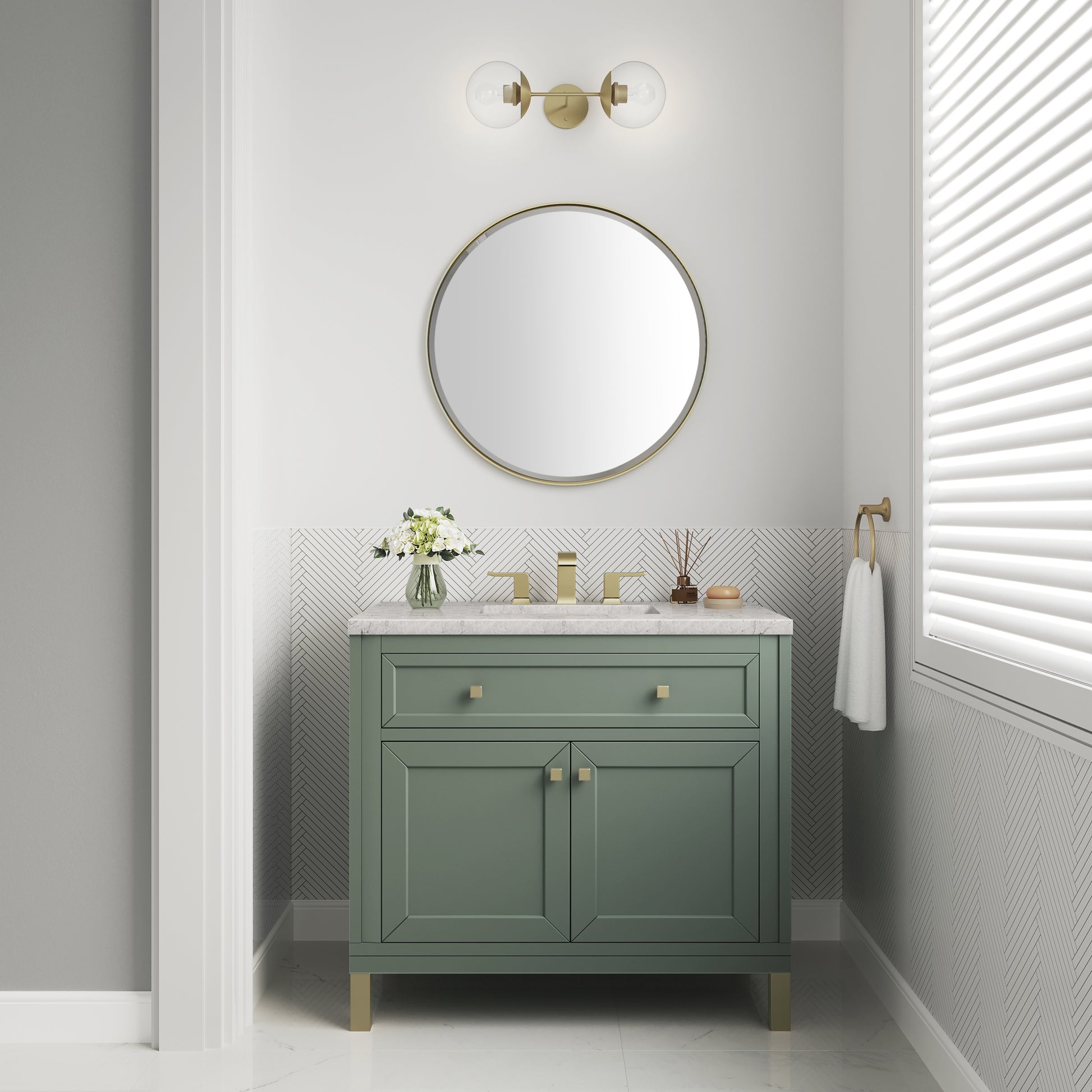 Chicago 36" Single Vanity, Smokey Celadon w/ 3CM Eternal Jasmine Pearl Top James Martin Vanities