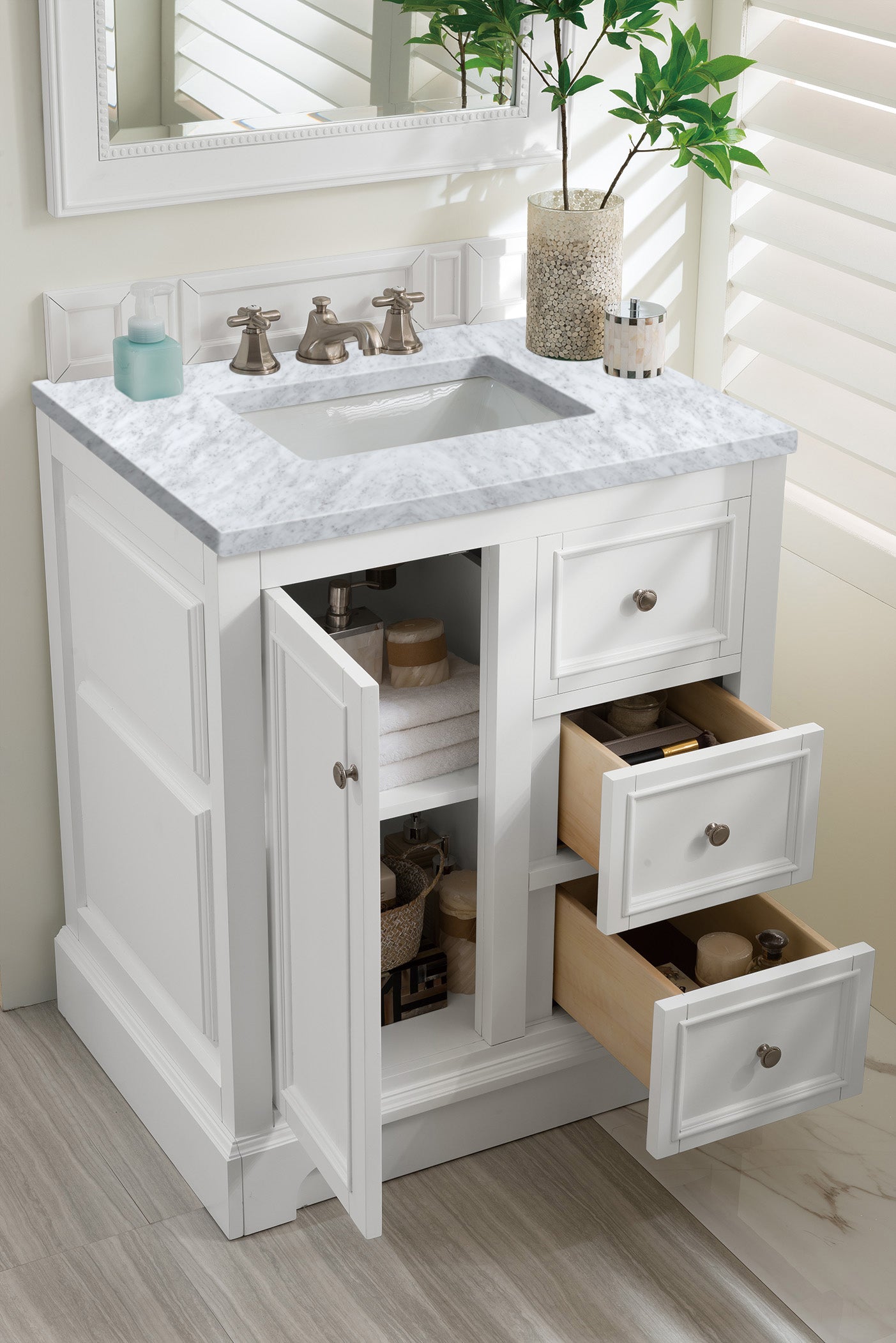 De Soto 30" Single Vanity, Bright White w/ 3 CM Carrara Marble Top James Martin Vanities
