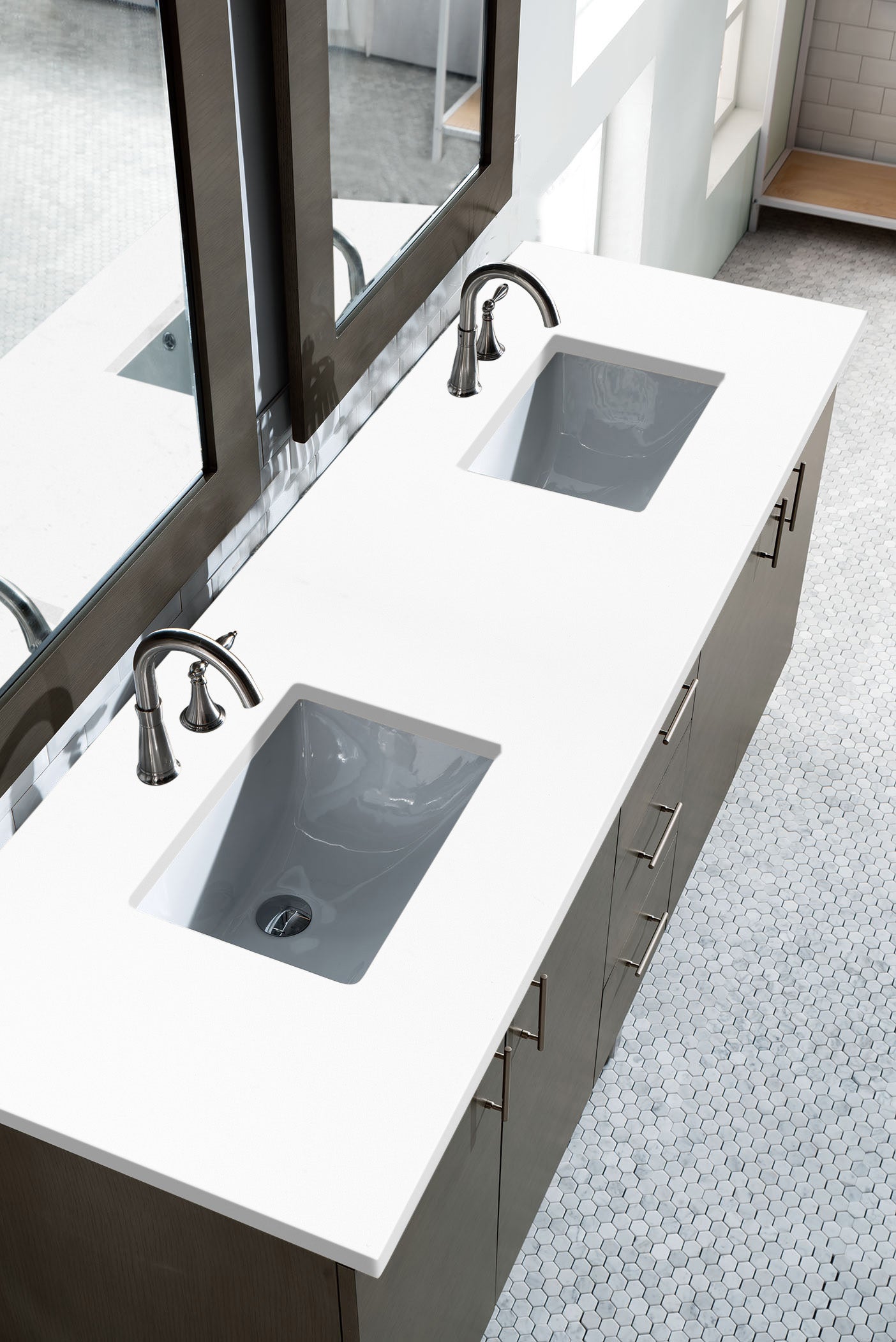 Metropolitan 72" Double Vanity, Silver Oak, w/ 3 CM White Zeus Quartz Top James Martin Vanities