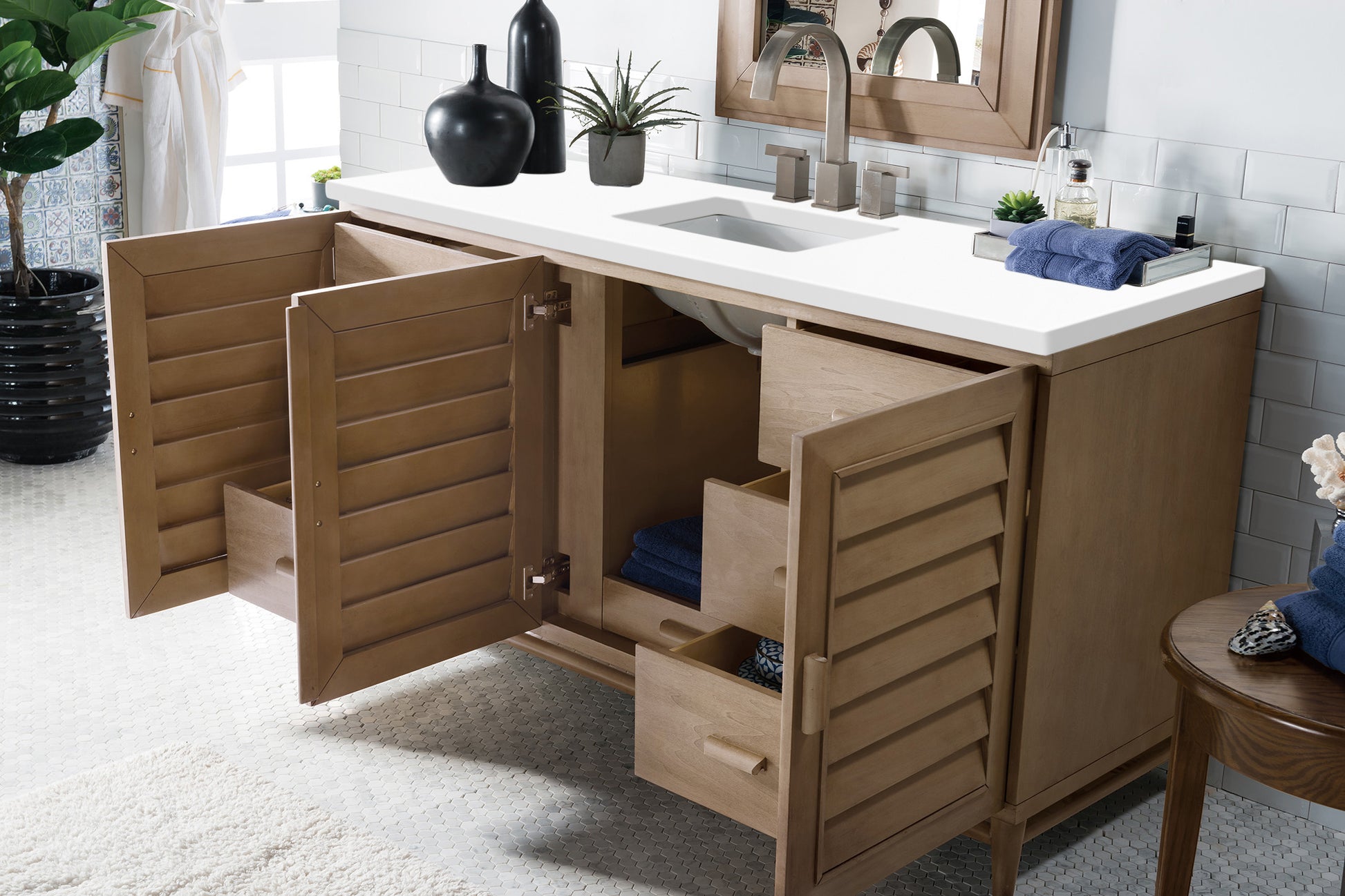 Portland 60" Single Vanity Whitewashed Walnut, w/ 3 CM White Zeus Quartz Top James Martin Vanities